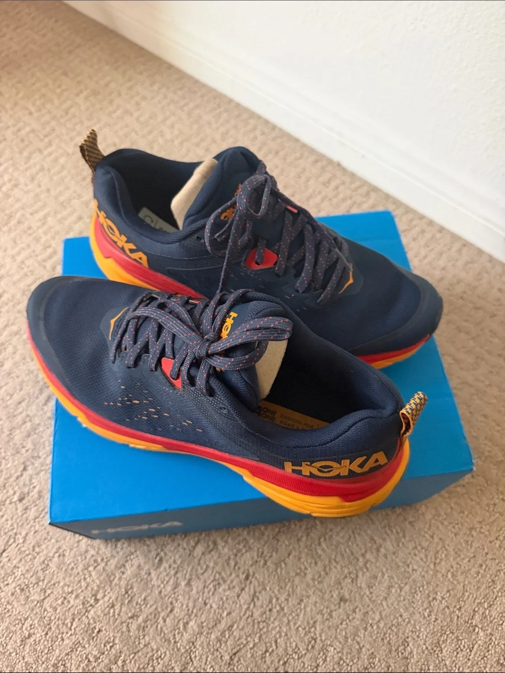 Hoka Challenger ATR 6 Navy Road/Trail Shoes with Red & Gold Accents - Like New